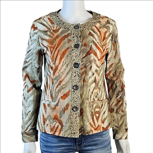 Chico's Cotton Stretch Tan & Orange Animal Print Button Front Lightweight Jacket